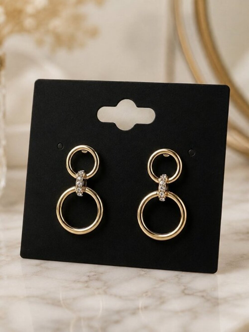 Gold Double Hoop Drop Earrings with Rhinestone Accent NWT